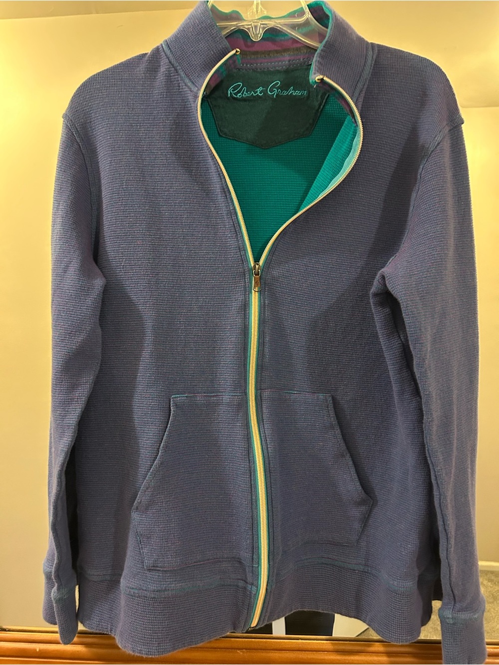 Robert Graham Men's Navy Zip-Up Sweater with Green Interior and Yellow Trim